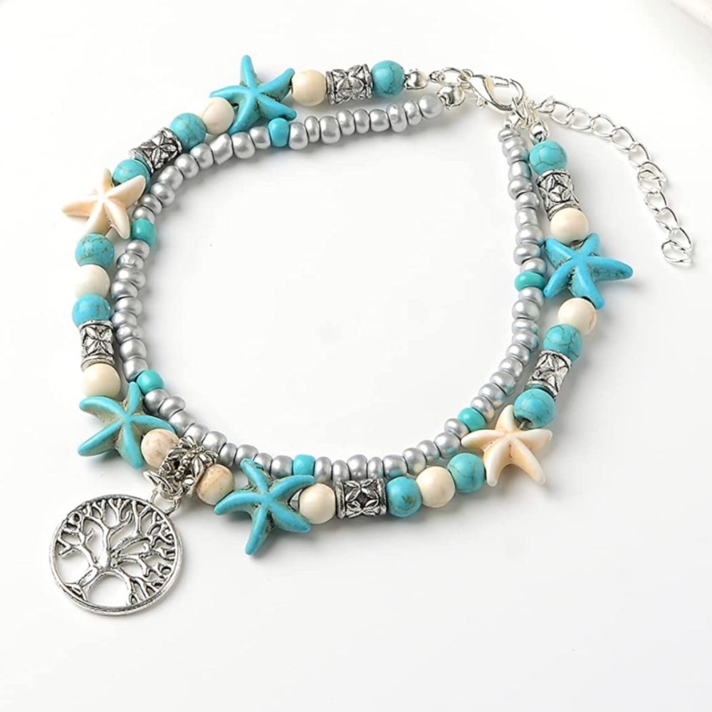 Double Strand Anklet Turquoise w tree charm • Boho Ankle bracelet Summer jewelry